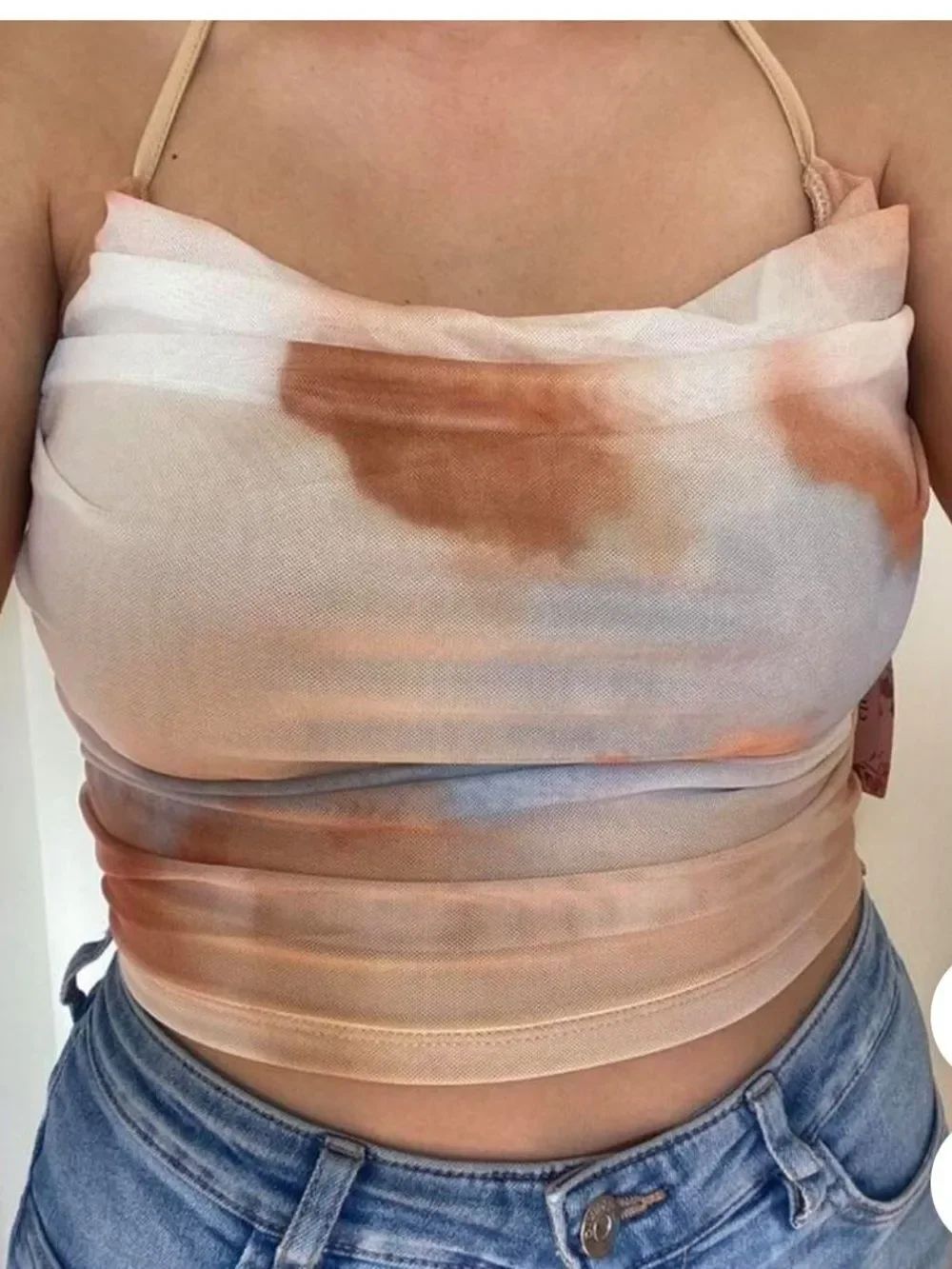 Tie-Dye Satin Cowl Neck Crop Top - Peach Multi